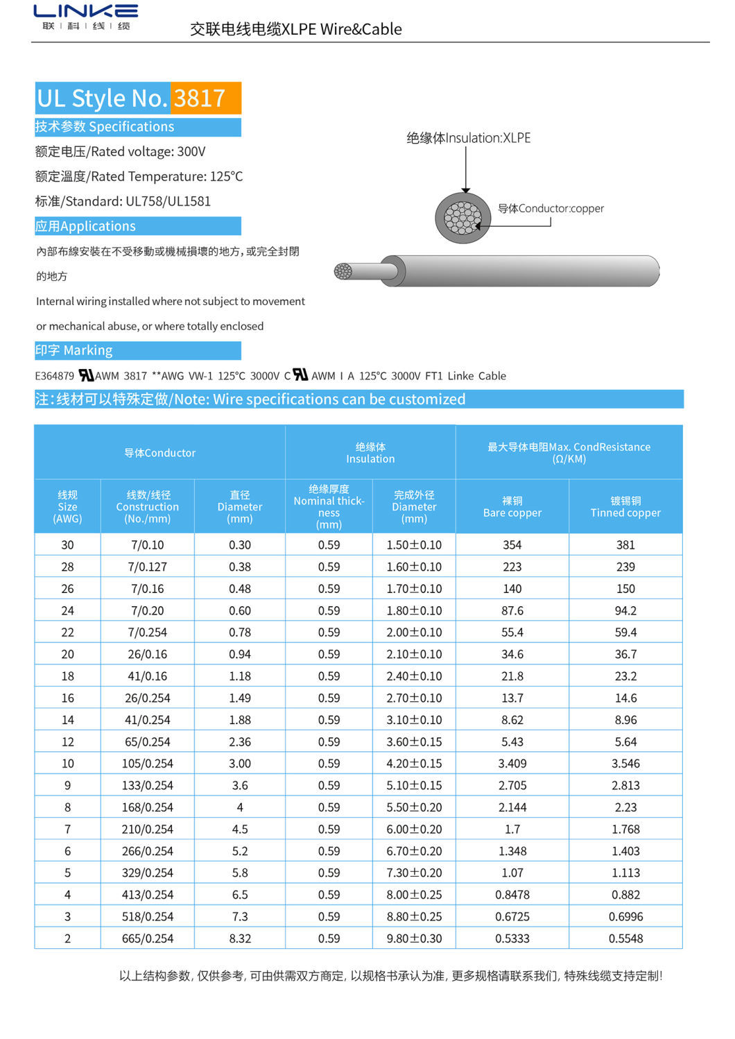 UL3817 Copper Conductor Cord Flexible Cable for Tinned Copper Battery Wire Applications