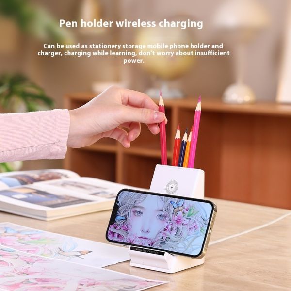 Multi-Function Desk Wireless Charger 15W Fast Live Streaming Pen Holder PC Stationery Box Online Classes Remote Work
