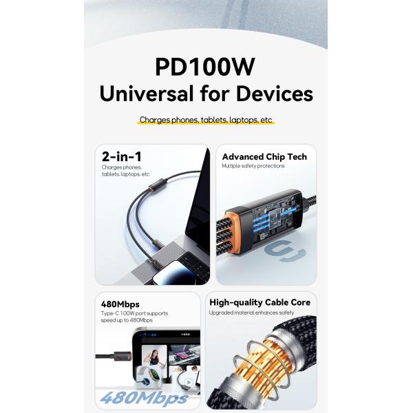 ESSAGER ES-X66 2 in 1 Cable USB C to Type C Lighting Data Charging Cable