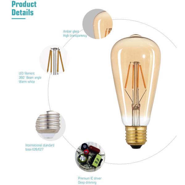 540lm 6W ST64 Vintage Amber Light Bulbs Indoor 2700k LED Edison Bulb