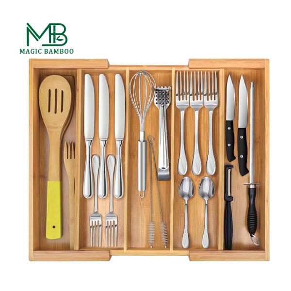 Adjustable Bamboo Drawer Dividers Organizer for Silverware Rectangle Wood Cutlery Tray