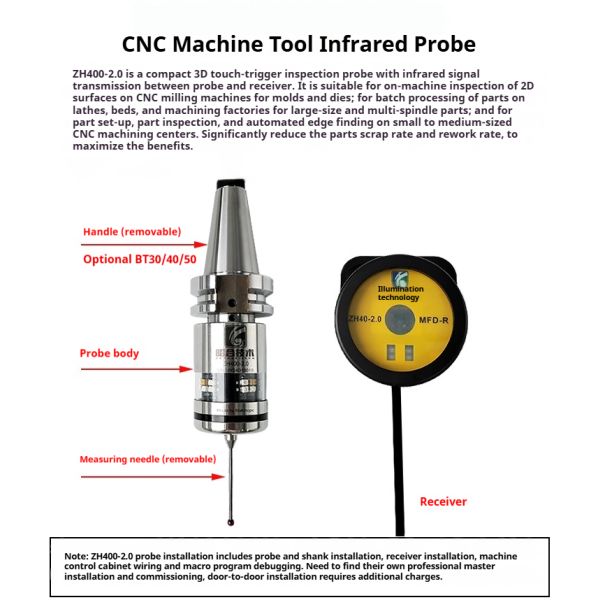 Makinopc ZH400-2.0 Infrared Stainless Steel CNC Optical Probe 2D Edge Finder Wireless Receiver Tool Holder 0.001mm Machining