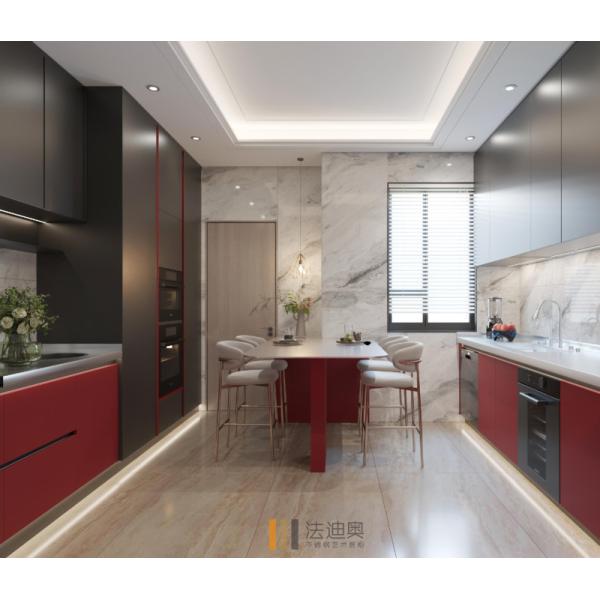 Red & Black Galley Kitchen Cabinet with Extended Countertop