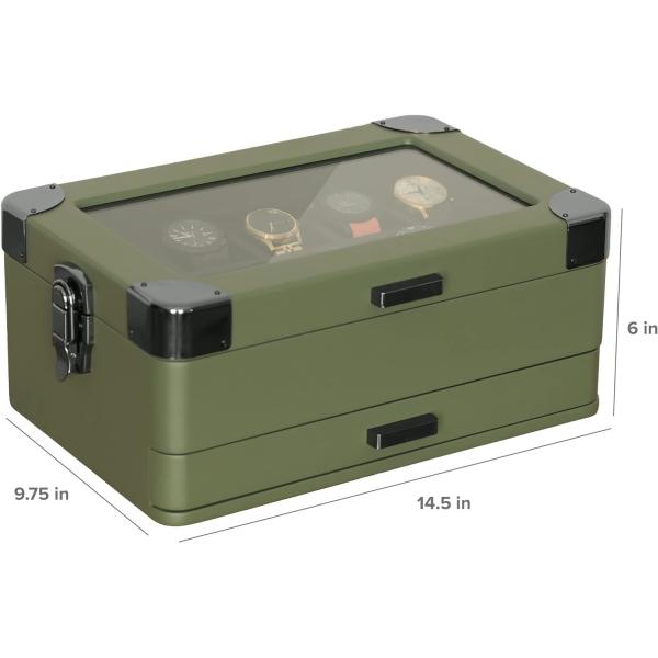 CASE ELEGANCE Military 10 Slot Watch Box Case Organizer for Men, Real Glass Top, Modular Valet Tray,