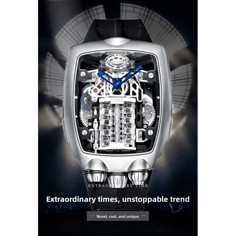 OBLVLO Bugatti‑Inspired V16 Engine Skeleton Automatic Watch, Men’s Tonneau‑Shaped Thick Mechanical Wrist Watch