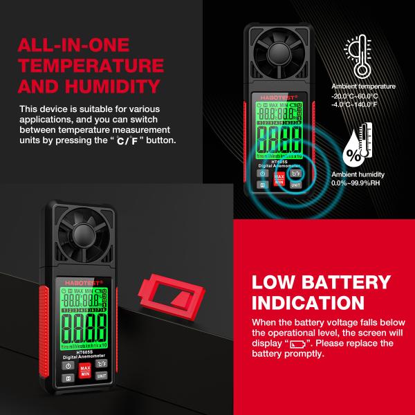 HT605S Digital Anemometer Air Flow Wind Speed Meter LCD Backlight Professional 3 in 1 Thermometer Hygrometer Anemometer