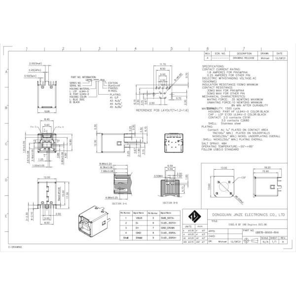 USB3.0 Type B Female PCB USB DIP Connector Socket Black HF 180 Degrees T Shape