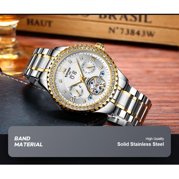 KINYUED calendar wrist watch gold dial with diamond case automatic mechanical watch
