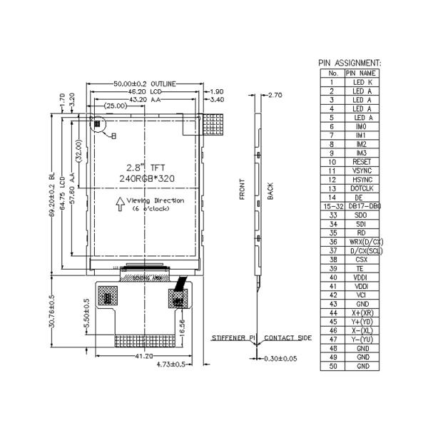 2.8 Inch LCD TFT Display Module, 240x320 Resolution, 50 PINS MCU/RGB/SPI Interface