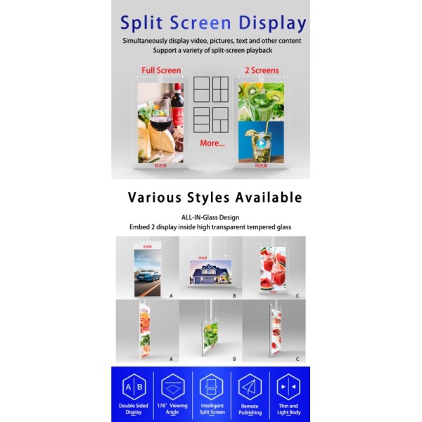 55 Inch Ultra-Thin Double-Sided Transparent Digital Poster 4K Roof-Hanging Android/Windows OS Compatible Elevator Wayfinding