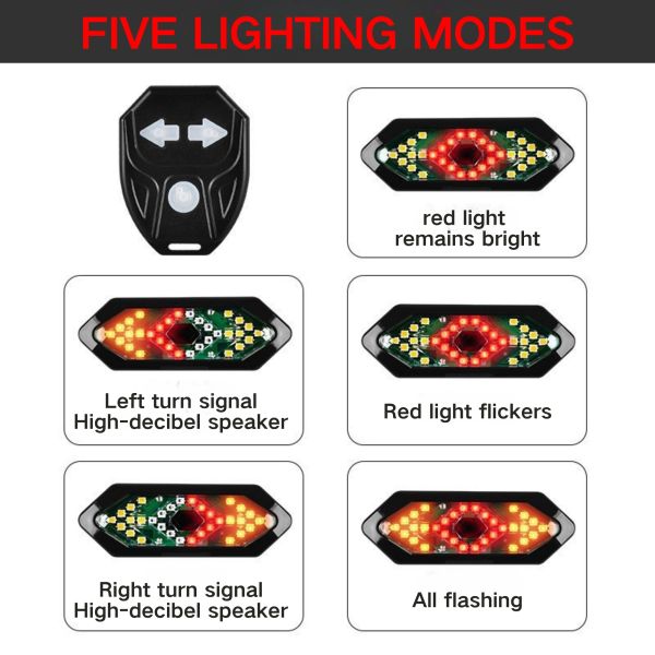 2KW LED Bike Light Wireless Remote Control USB Tail Lights for 2KW Bicycle Electric Scooter Battery Turn Signal Indicator