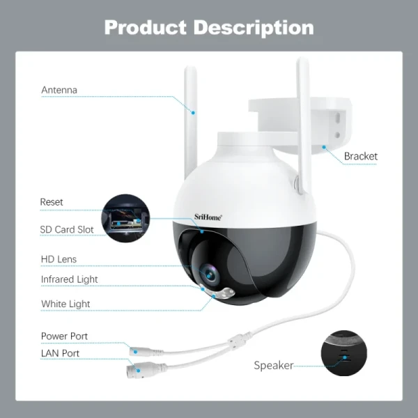 CCTV Security System 1080P PTZ With Audio Auto Tracking IR 10 meters AI Camera Install Outdoor House Srihome camera
