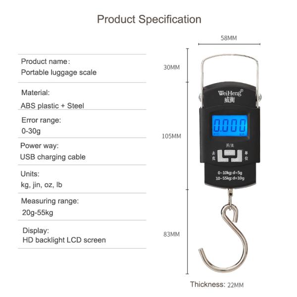 55kg USB Recharging Portable Luggage Scale with Big Hook Division 10G Units lb Portable and Accurate Weighing Solution