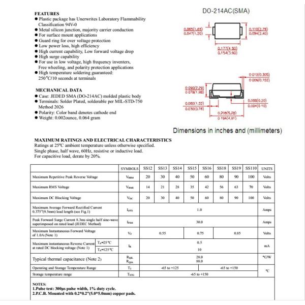 1A Schottky Barrier Rectifier Ss12 Thru Ss120 SMA/Do-214AC Package