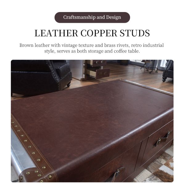 Nidea #8611 Red Wine Bar Coffee Table Personalized Hotel Reception Room Industrial Style Double Drawer Retro Aluminum Leather Rivets