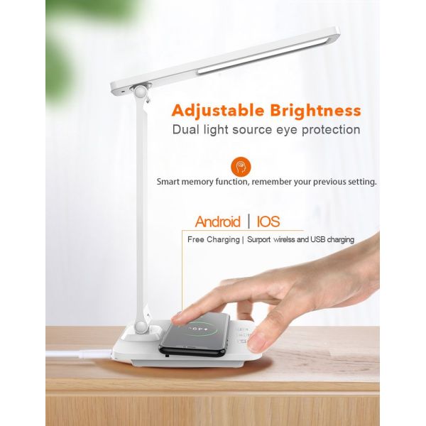 LED Desk Lamp With USB Port Fast Wireless Charger Eye Caring Dimming Table Lamp For Mobile Phones