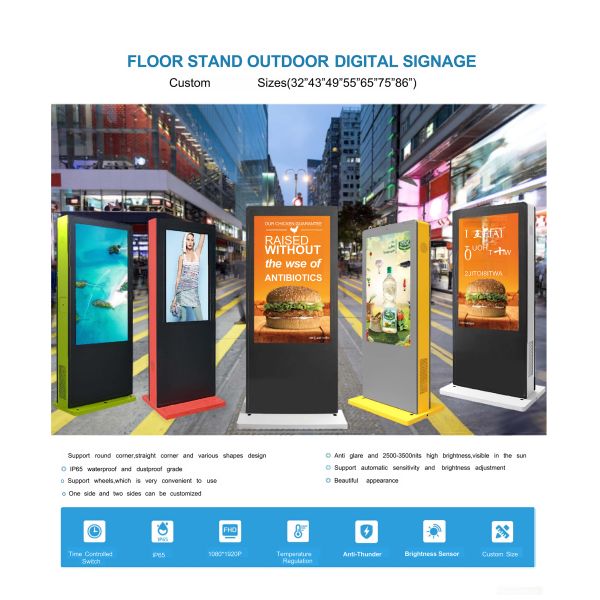 Outdoor Waterproof 55 Inch Floor Standing Kiosk Media Player Digital Signage Advertising Totem Text Animation Graphics SDK MJK