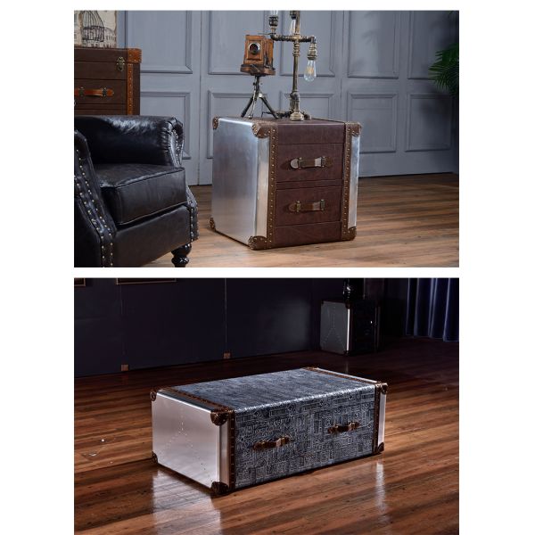 Nidea #8611 Red Wine Bar Coffee Table Personalized Hotel Reception Room Industrial Style Double Drawer Retro Aluminum Leather Rivets