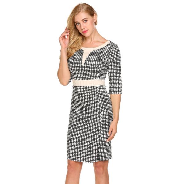 Customizable Gingham Check Office Dress Spandex Polyester