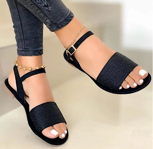 Elegant Ladies Open Toe Flat Sandals With Buckle Closure Comfortable