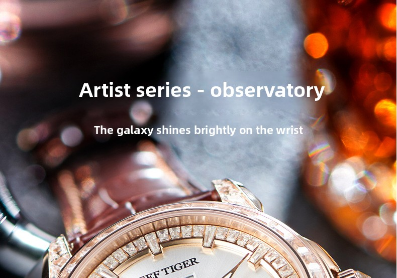 Reef‑Tiger Men Automatic Watch,Rose Gold Diamond Bezel Moon‑Phase Calendar Leather Strap Business Wristwatch