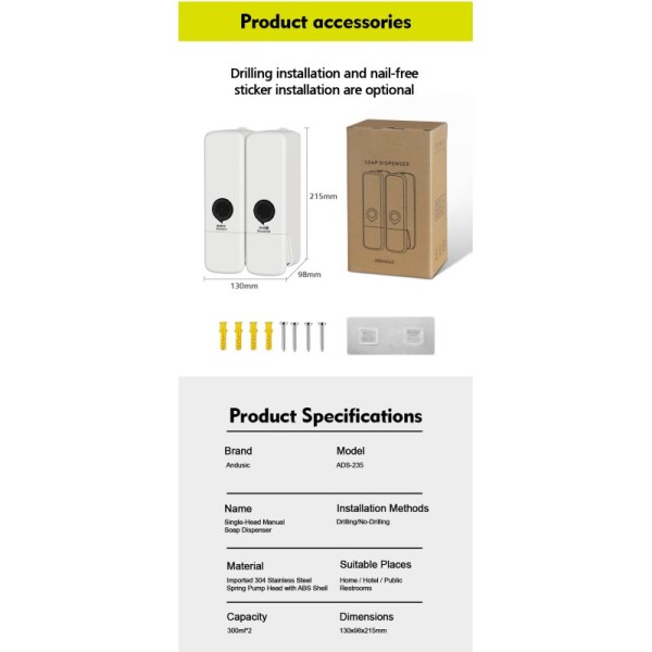 300ml Durable Wall Mounted Pump Soap Dispenser Modern Bathroom Kitchen Foam Soap Dispenser