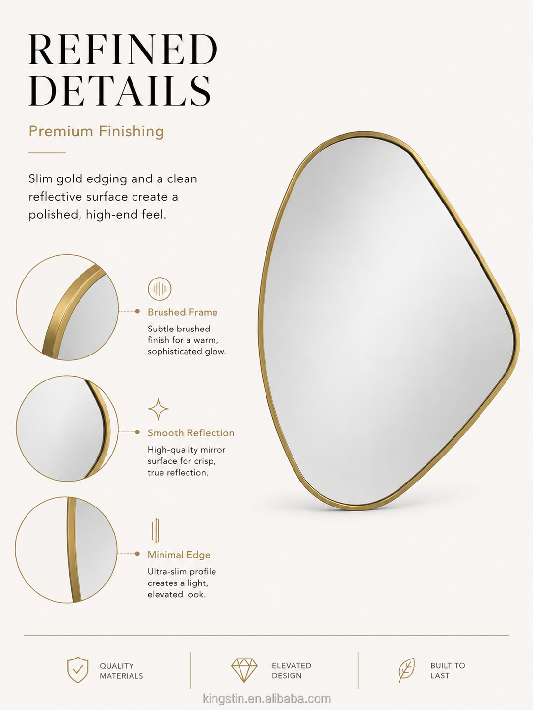 Kingstin Custom Irregular LED Bathroom Mirror, Asymmetrical Backlit Vanity Mirror, Gold Frame Pebble Wall Mirror