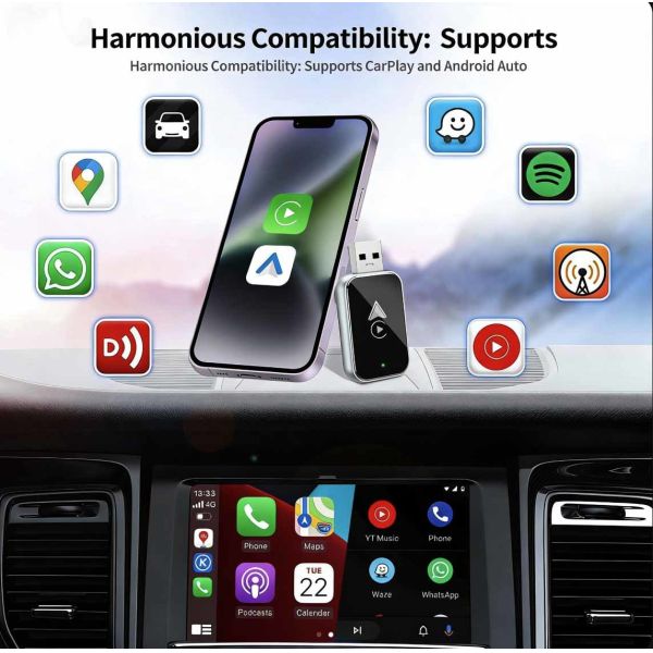 2 In 1 Wireless Carplay Radio Android Auto Adapter Plug And Play Fast Connection Low Latency