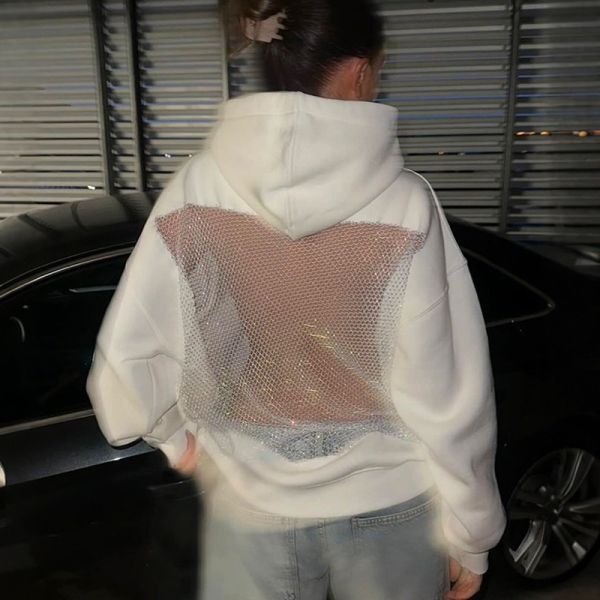 Customize Solid Rhinestone Bling Hollow Out Hoodie Backless Design Eye-Catching Must-Have Polyester/Cotton Oversized Breathable