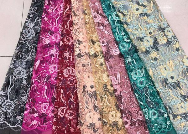 Quality Gold Silver Sequin Fabric , Multi Colored Embroidered Floral Dress Lace Fabric For Gown for sale