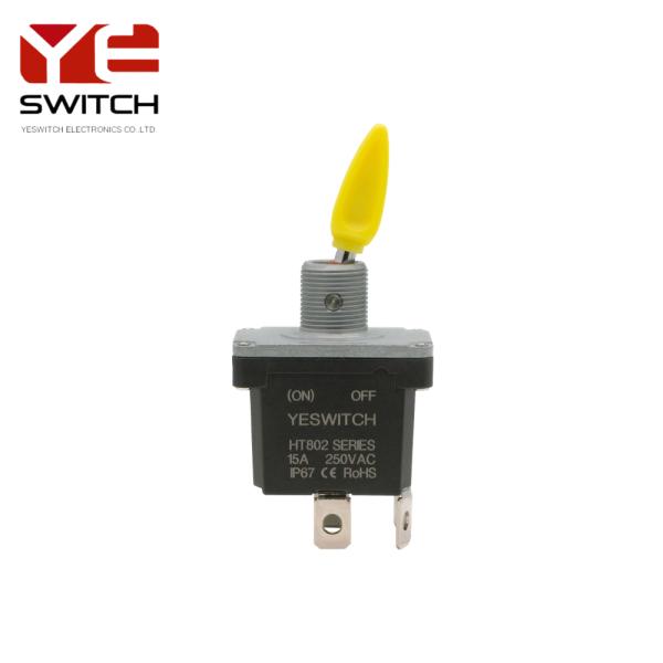 Momentary (ON)-Off Metal Toggle Switch With Yellow Booted Handle And PC Terminal