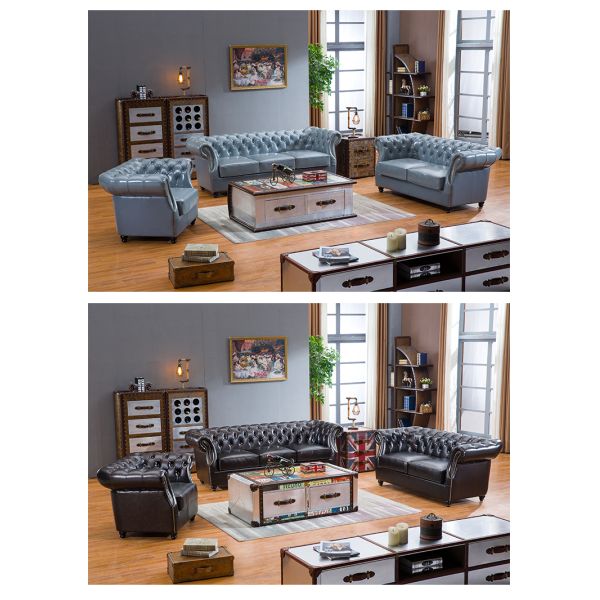 Nidea #8971 American Vintage Three-Seat Genuine Leather Sofa Set Comfortable Durable Cowhide Oil Wax Straight Buckle Hotel Villa