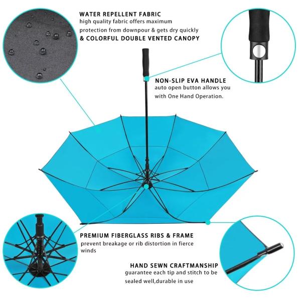 Oversized Double Canopy Vented Golf Umbrella Auto Open Waterproof Sunproof