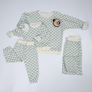China 230gsm Family Matching Clothes Set French Terry Crew Neck Long Sleeve Checkered Sweatsuit on sale