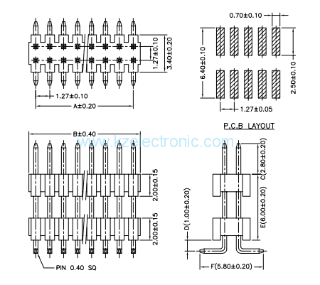 Dual row 1.27*1.27mm surface mount pin header connector