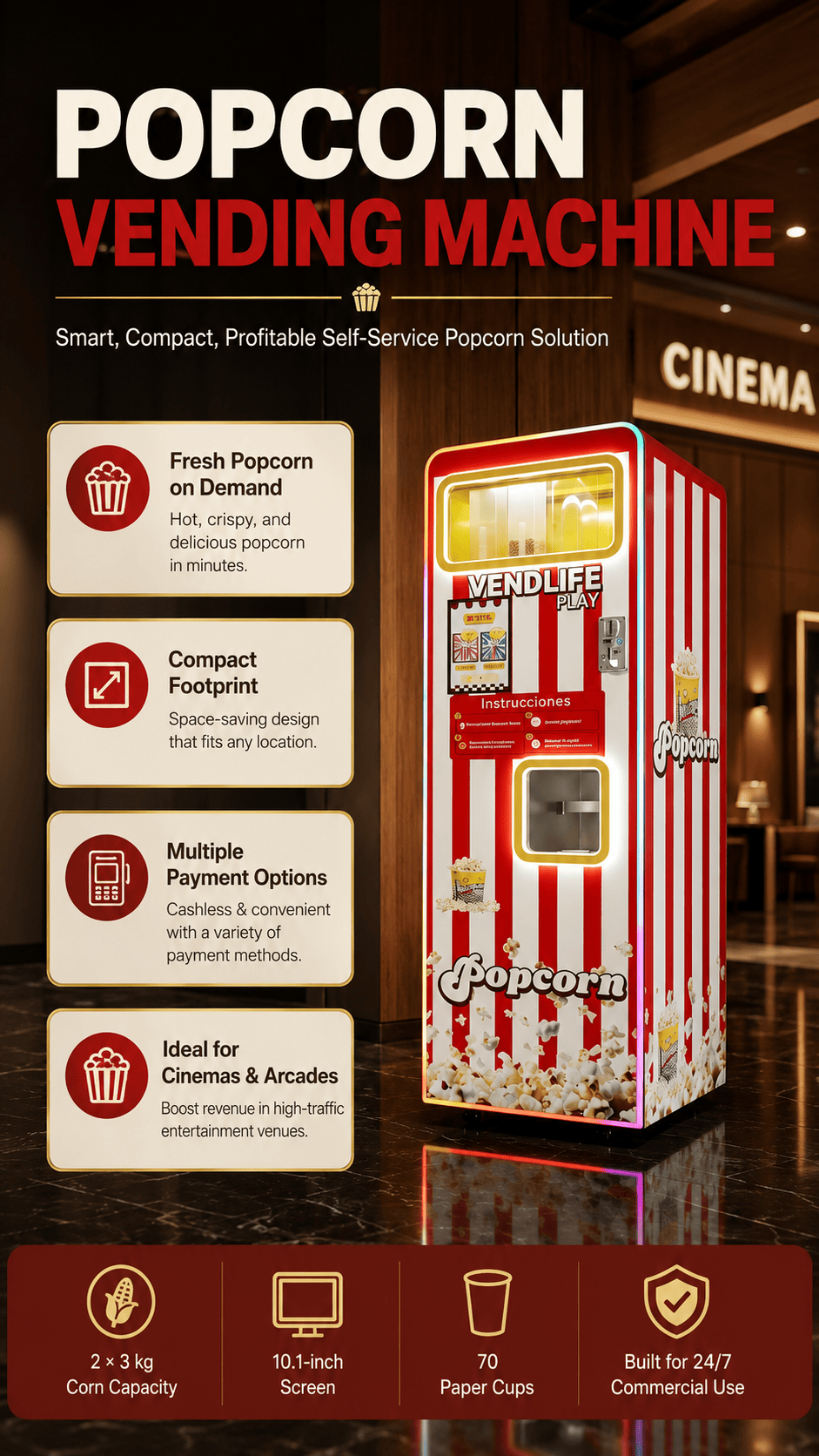 Commercial Automatic Popcorn Vending Machine 24 Hours Unattended Self Service Cinema Popcorn Maker Multi Flavor Popcorn Dispenser For Mall Arcade