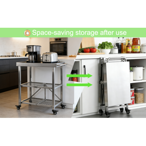 Foldable Stainless Steel Kitchen Cart With Wheels | Portable Kitchen Island, Microwave Stand & Storage Cart For Home, Restaurant & BBQ