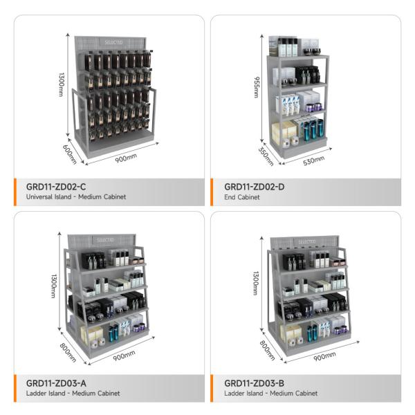 Retail Display Rack Grey Wooden Island Cabinet For Smart Store Rack Premium Shop Design