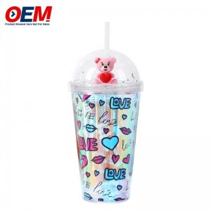 China PP Double Wall Cup With Straw 450ml Plastic Cup  Cute Bear Water Cup on sale
