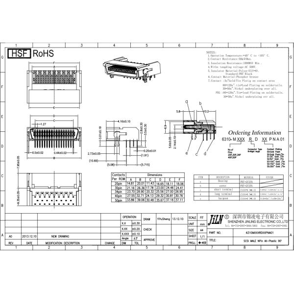 1.27mm SCSI Connector All Plastic IDC DIP Female Male With Harpoon Right Angle