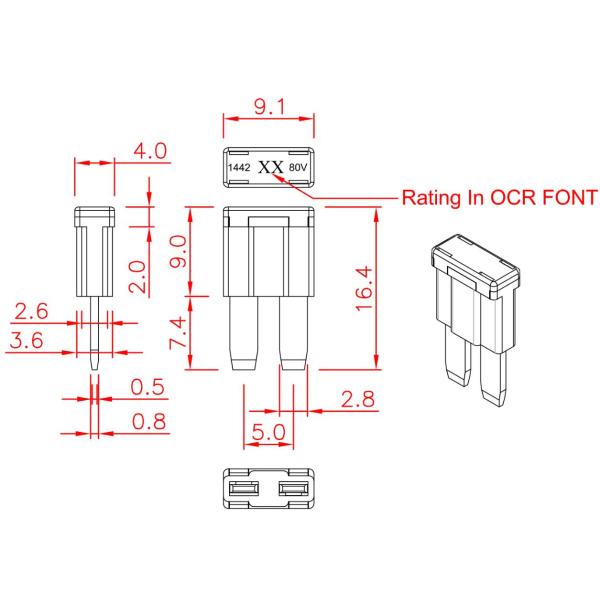 80VDC ATA Tiny Micro2 Style Automotive Blade Fuses Micro 2 Long Leg Plug In Insert Type