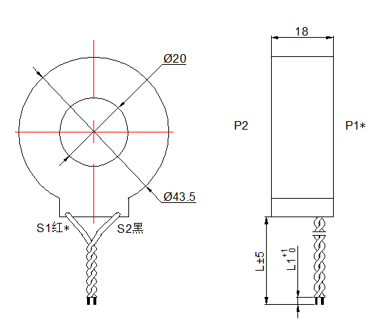 Black Case 100A Current Transformer , Red Lead Wire Single Phase Current Transformer