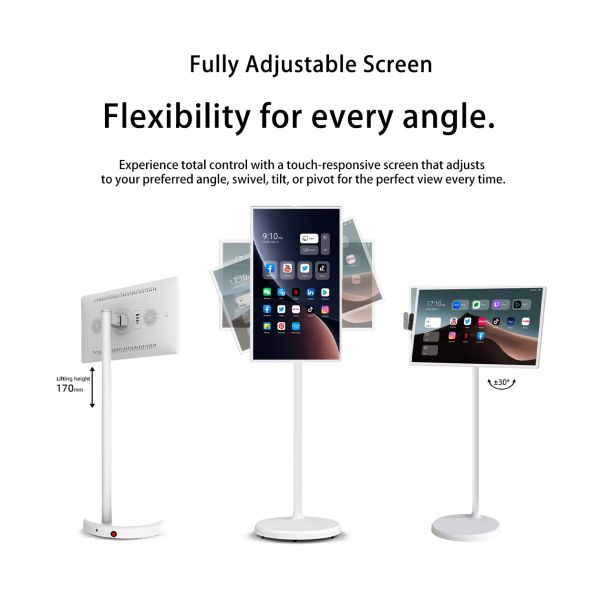 MJK 21.5" White Rechargeable Standing Smart TV with Touch Screen Android 4G+64G Built-In Speaker Portable with Wheels