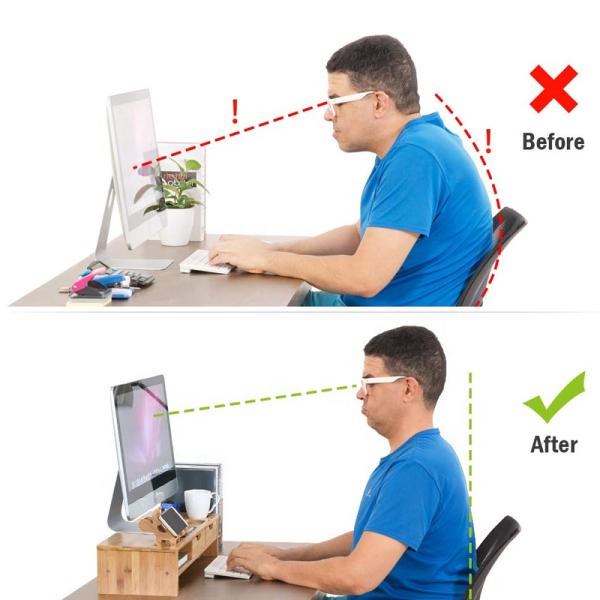 Single-Tier 54x22.5x14cm Bamboo Computer Monitor Riser with Desktop Stand and 2 Drawer