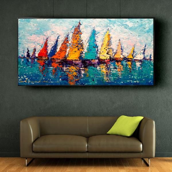 Customized Size Accepted Modern Hand-painted Seascape Wall Art for Living Room Office Decor featuring Sailing Boats Abstract Oil Painting
