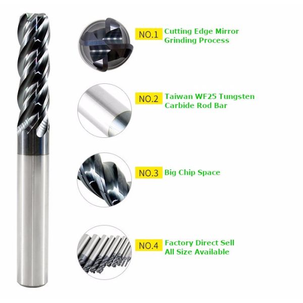 Tungsten Carbide Enough Stock End Mill 8mm / HRC 45 Coated Tialn 4 Flute Corner Radius Aluminium Cutting Tools
