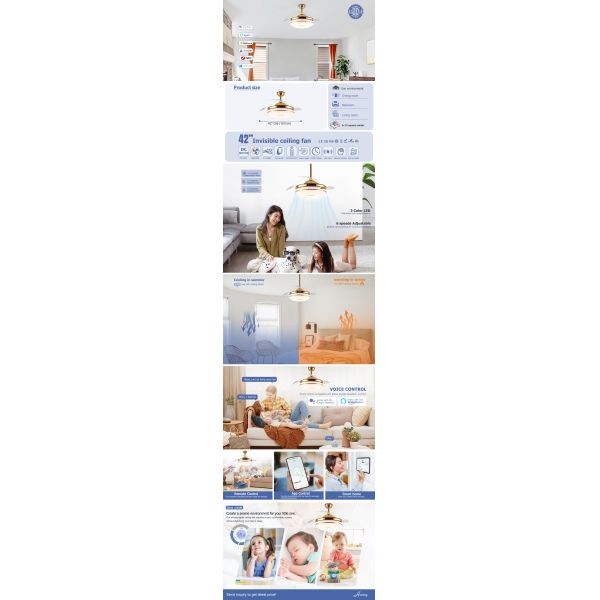 Hidden Blades 42inch 60W LED Ceiling Fan for Lower Noise and Elegant Home Decoration