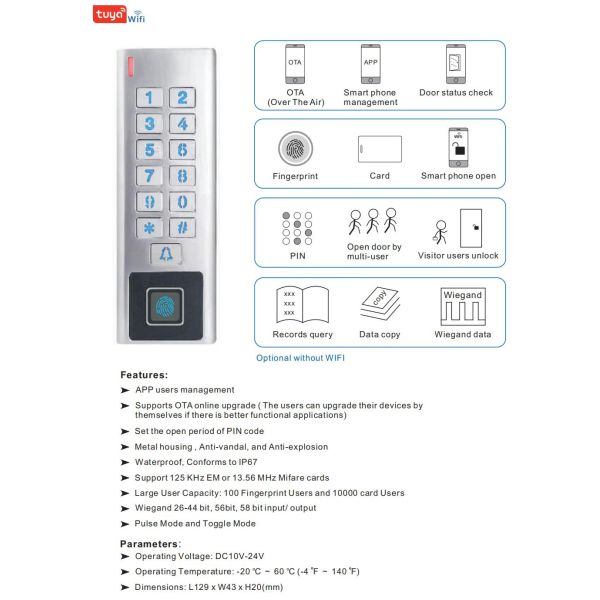 Weatherproof Outdoor Metal Keypad Access Control with WiFi and Tuya App Integration