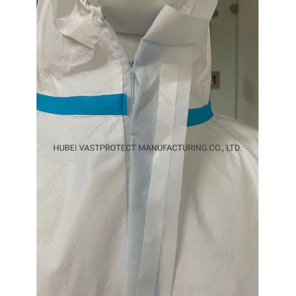 CE En14126 Type 4 5 6 Heat Sealed Tape Seam Disposable Microporous Coverall Isolation Gown