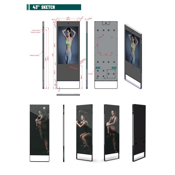 43-Inch Smart Magic Android WIFI Interactive Touch Screen Fitness Mirror Floor Standing for Gym Use
